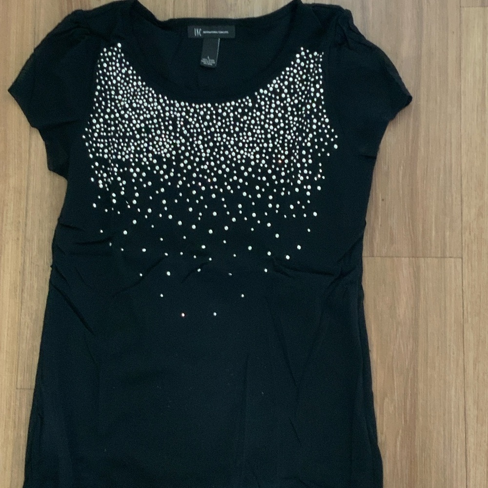 INC International Concepts Black Embellished Scoop Neck Top